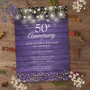 Invitation 50e Anniversaire Purple Rustic Wood Coeurs d'or
