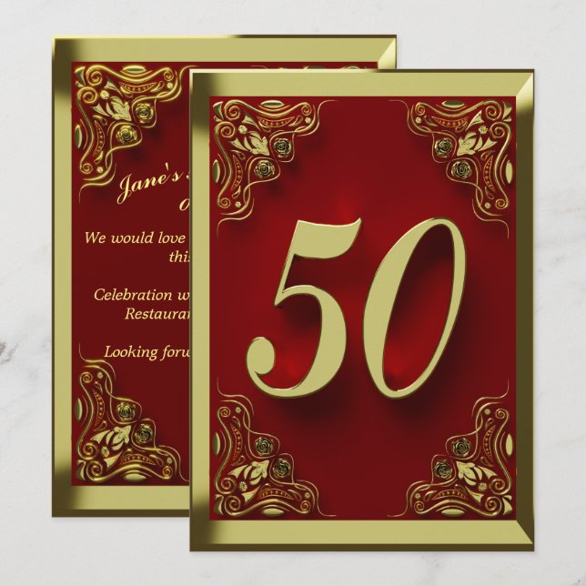 Invitation 50e anniversaire Regal Gold Red Greeting ou (Devant / Derrière)