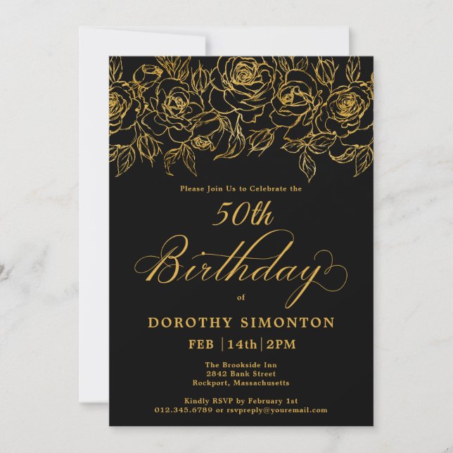 Invitation 50e anniversaire Rose d'or Floral Black (Devant)