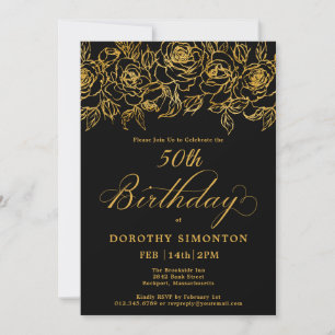 Invitation 50e anniversaire Rose d'or Floral Black