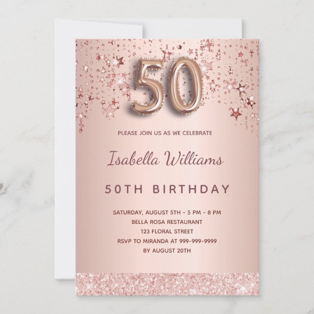 Invitation 50e anniversaire rose étoiles rose or (Devant)