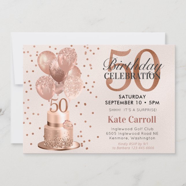 Invitation 50e anniversaire Rose Gold Cake Surprise Party (Devant)