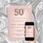 Invitation 50e anniversaire rose parties scintillant or goutt<br><div class="desc">Une invitation moderne, élégante et glamour pour un 50ème anniversaire. Un faux rose or à l'apparence métallique arrière - plan avec une élégante parties scintillant d'or faux rose goutte à goutte, peinture goutte à goutte. Le nom est écrit avec un rose moderne de couleur or foncé à la main écriture...</div>