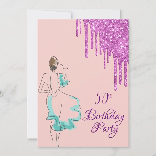 Invitation 50e anniversaire rose parties scintillant or robe  (Devant)