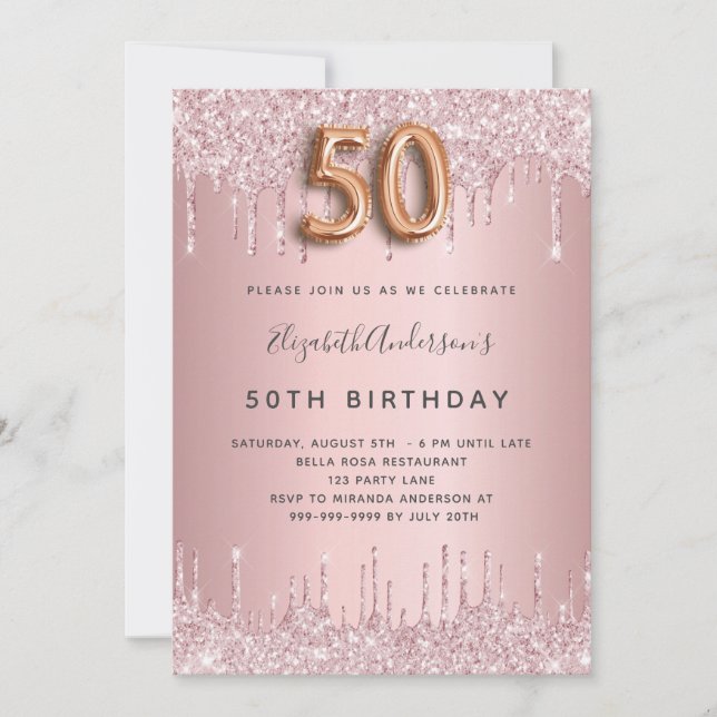 Invitation 50e anniversaire rose poussiéreux parties scintill (Devant)
