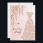 Invitation 50e anniversaire rose robe d'or parties scintillan<br><div class="desc">Elégante, classique, glamour et style girly invitation à la fête. Une robe en or rose avec fausse parties scintillant rose en or goutte à goutte. Rose or ombre arrière - plan. Avec le texte : 50ème Anniversaire sur le devant écrit avec un rose moderne couleur foncé écriture de style lettré....</div>