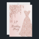 Invitation 50e anniversaire rose robe d'or parties scintillan<br><div class="desc">Elégante, classique, glamour et style girly invitation à la fête. Une robe en or rose avec fausse parties scintillant rose en or goutte à goutte. Rose or ombre arrière - plan. Avec le texte : 50ème Anniversaire sur le devant écrit avec un rose moderne couleur foncé écriture de style lettré....</div>