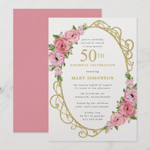 Invitation 50e anniversaire Rose Rose Floral Gold