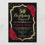 Invitation 50e anniversaire - Roses rouges noires d'or<br><div class="desc">Invitation à célébrer le 50e anniversaire. Design noir élégant avec de l'or de parties scintillant et des roses rouges. Parfait pour une soirée d'anniversaire élégante. Peut être customisé à n'importe quel âge.</div>