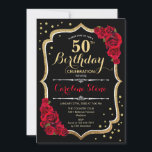 Invitation 50e anniversaire - Roses rouges noires d'or<br><div class="desc">Invitation à célébrer le 50e anniversaire. Design noir élégant avec de l'or de parties scintillant et des roses rouges. Parfait pour une soirée d'anniversaire élégante. Peut être customisé à n'importe quel âge.</div>