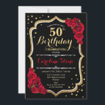 Invitation 50e anniversaire - Roses rouges noires d'or<br><div class="desc">Invitation à célébrer le 50e anniversaire. Design noir élégant avec de l'or de parties scintillant et des roses rouges. Parfait pour une soirée d'anniversaire élégante. Peut être customisé à n'importe quel âge.</div>