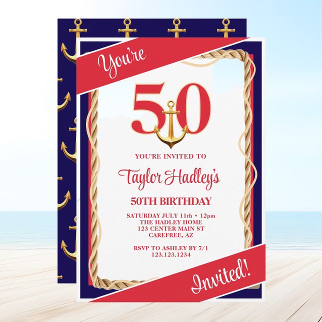 Invitation 50e anniversaire Rouge Blanc & Bleu Mar (Créateur téléchargé)