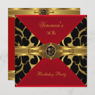 Invitation 50e anniversaire Rouge Or Noir Damas fleuri Bijou