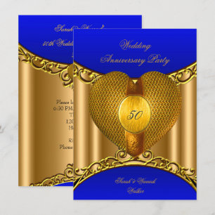 Invitation 50e Anniversaire Royal Bleu Or Cœur Doré