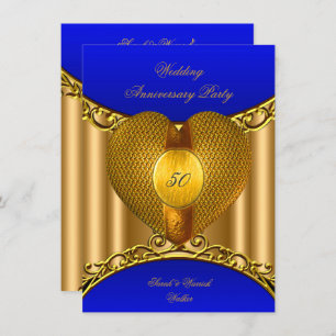 Invitation 50e Anniversaire Royal Blue Gold Golden Heart
