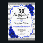Invitation 50e anniversaire - Royal Blue Silver White Stripes<br><div class="desc">Invitation du 50e anniversaire. Design élégant en faux parties scintillant argent,  blanc et bleu roi. Doté d'un fort élégant,  rayures et roses bleus. Parfait pour une soirée d'anniversaire élégante. Peut être customisé à n'importe quel âge.</div>