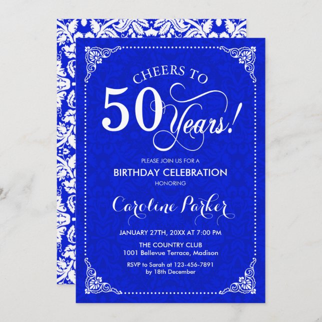 Invitation 50e anniversaire - Royal Blue White Damask (Devant / Derrière)
