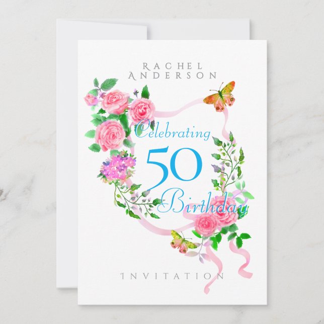 Invitation 50e anniversaire Ruban Rose Rose (Devant)