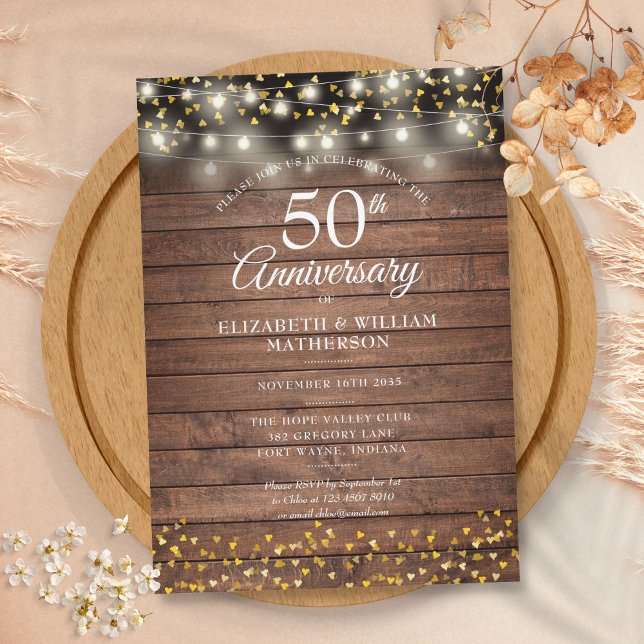Invitation 50e anniversaire Rustic Gold Hearts lumières à cor (50th Anniversary Rustic Gold Hearts String Lights Invitation)