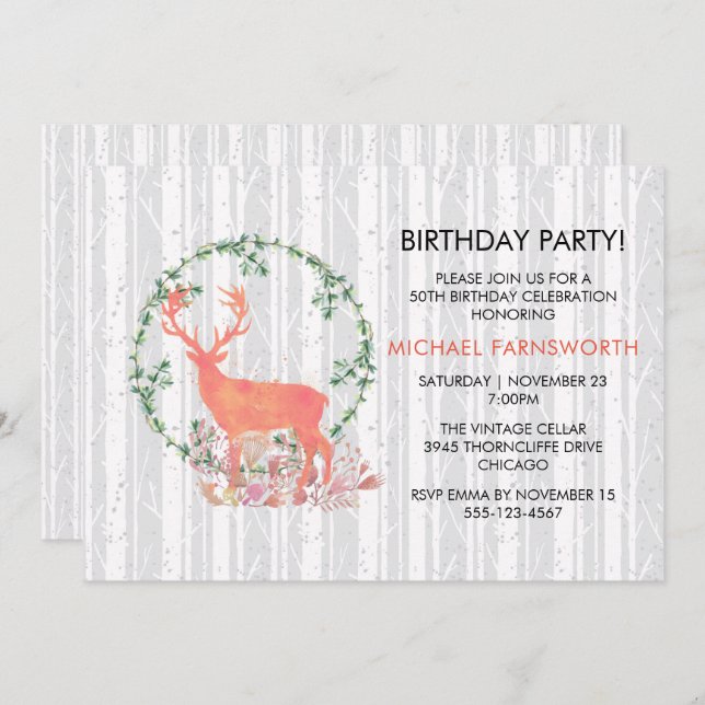 Invitation 50e anniversaire Rustic Watercolor Reindeer Boho (Devant / Derrière)