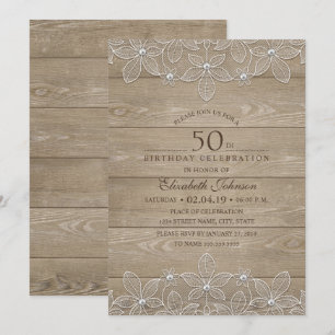 Invitation 50e anniversaire Rustic Wood Dentelle unique