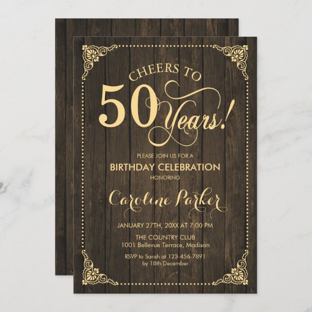Invitation 50e anniversaire - Rustic Wood Gold (Devant / Derrière)