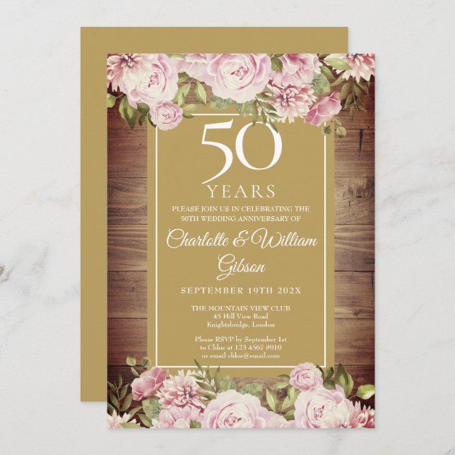 Invitation 50e anniversaire Rustique Aquarelle rose Roses (Devant / Derrière)