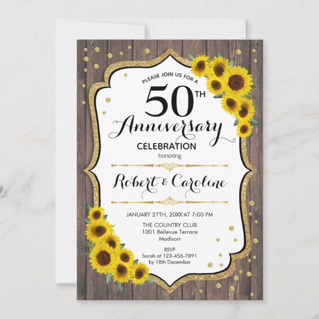 Invitation 50e anniversaire rustique - Sunflowers Wood Gold (Devant)
