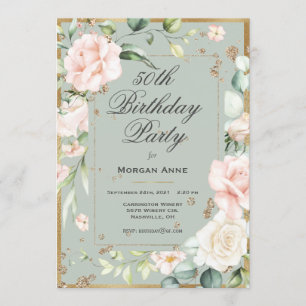 Invitation 50e anniversaire Sage Vert or Aquarelle Floral 