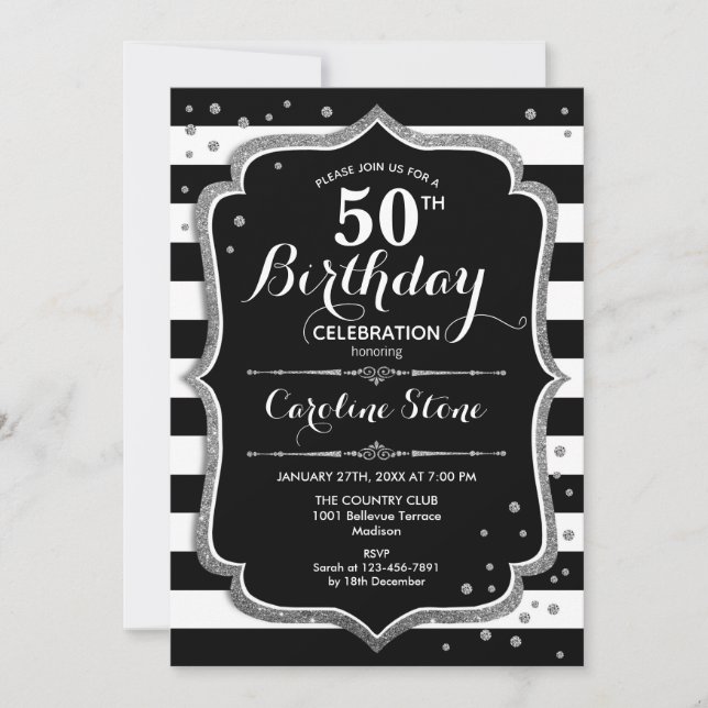 Invitation 50e anniversaire - Silver Black White Stripes (Devant)