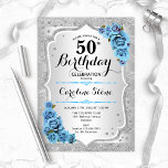 Invitation 50e anniversaire - Silver Stripes Icy Blue Roses<br><div class="desc">Invitation du 50e anniversaire. Design floral élégant en argent et bleu glacé. Comprend des bandes d'argent faux parties scintillant,  des polices de caractères et des confettis stylisés turquoise rose. Parfait pour une fête d'anniversaire glam.</div>