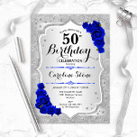 Invitation 50e anniversaire - Silver Stripes Royal Blue Roses<br><div class="desc">Invitation du 50e anniversaire. Design floral élégant en argent et bleu roi. Comprend des bandes d'argent faux parties scintillant,  saphir rose police de script et confetti. Parfait pour une fête d'anniversaire glam.</div>