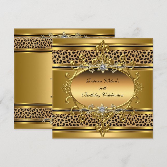 Invitation 50e Anniversaire Soirée Elégante Gold Black Leopar (Devant / Derrière)