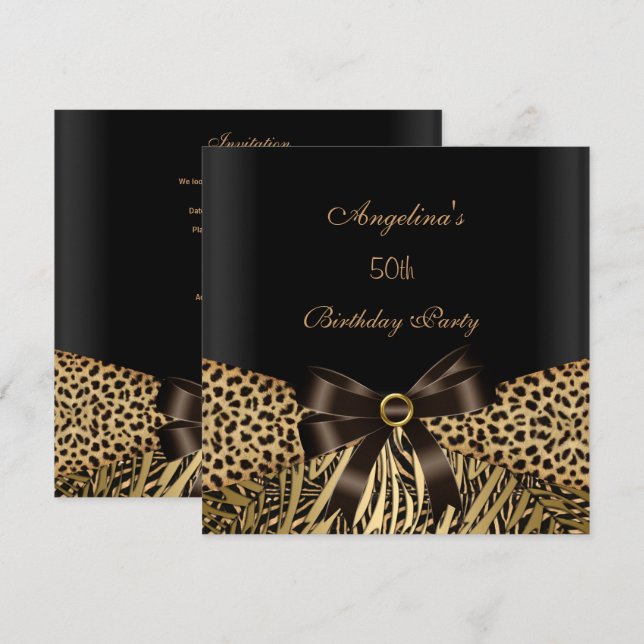 Invitation 50e Anniversaire Soirée Gold Leopard Brown Noir (Devant / Derrière)