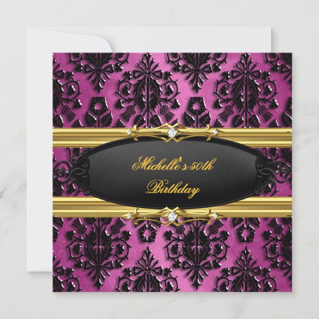 Invitation 50e Anniversaire Soirée Pink Gold Damask Black Dia (Devant)