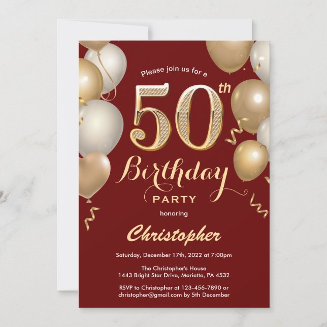 Invitation 50e anniversaire Sombre Rouge et Ballons d'or Conf (Devant)