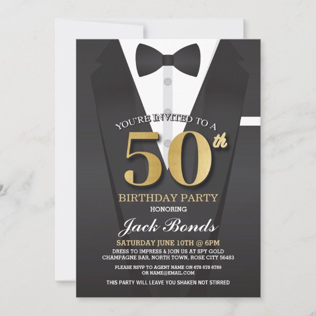 Invitation 50e anniversaire Spy Suit Black cravate Gold Invit (Devant)