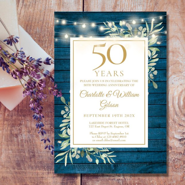 Invitation 50e Anniversaire String Lights Blue Wood Green (Créateur téléchargé)