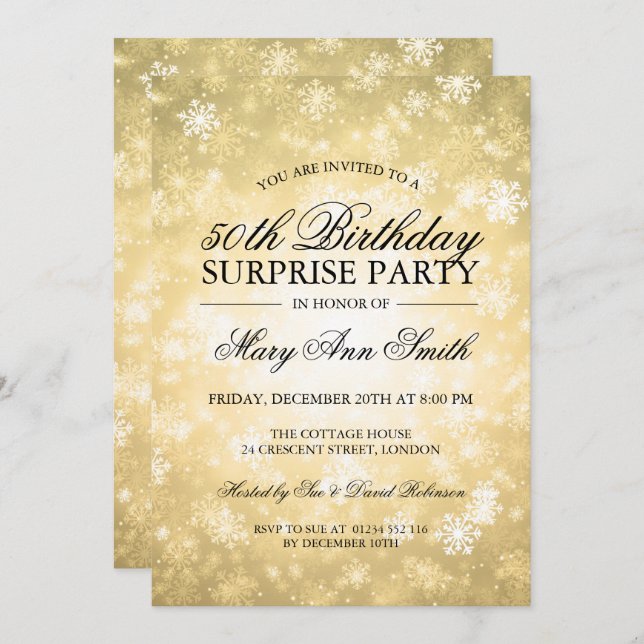 Invitation 50e Anniversaire Surprise Gold Winter Wonderland (Devant / Derrière)