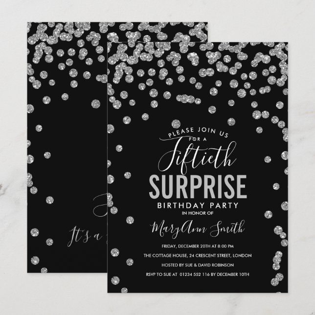Invitation 50e Anniversaire Surprise Noir d'argent (Devant / Derrière)