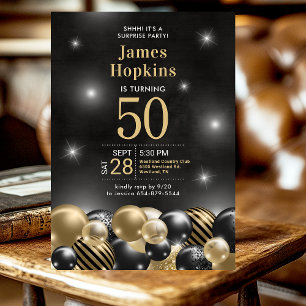 Invitation 50e anniversaire Surprise Party Black Gold Ballons