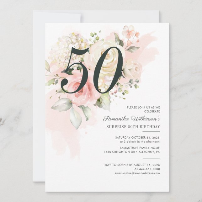 Invitation 50e anniversaire Surprise Party Floral (Devant)