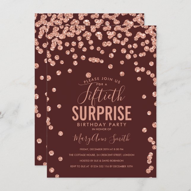 Invitation 50e Anniversaire Surprise Rose Gold Bourgogne (Devant / Derrière)