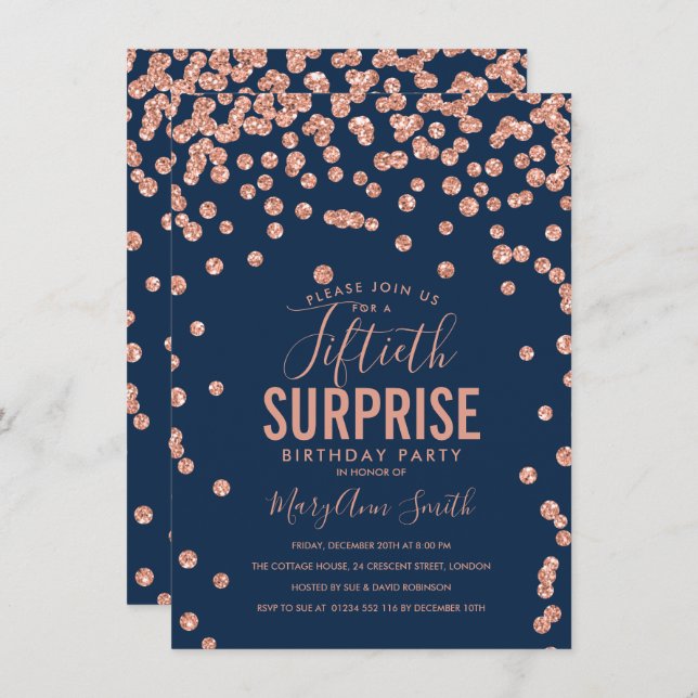 Invitation 50e Anniversaire Surprise Rose Gold Navy Bleu (Devant / Derrière)