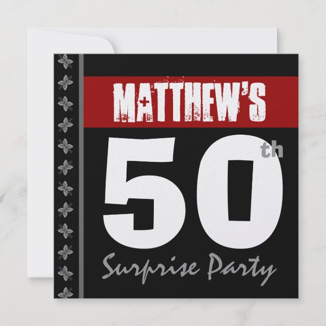 Invitation 50e Anniversaire Surprise Rouge Noir Blanc Métalli (Devant)