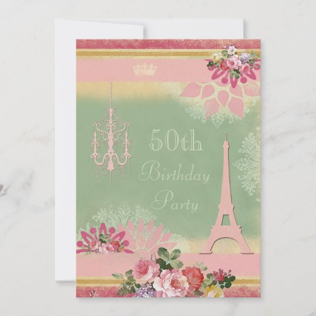 Invitation 50e anniversaire Tour Eiffel rose et lustre (Devant)