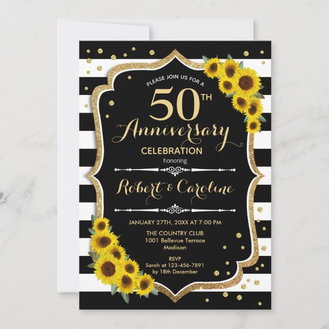 Invitation 50e Anniversaire - Tournesols Rayures Noires et Bl (Devant)