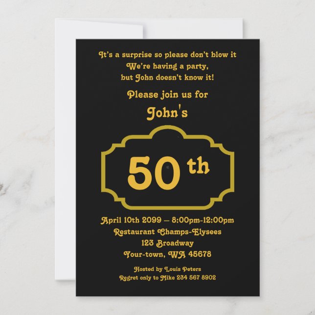 Invitation 50e,Anniversaire, tout âge, noir, or, chevron (Devant)