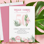 Invitation 50e Anniversaire Tropical Pink Protea Numéro 50<br><div class="desc">50ème anniversaire invitation avec le numéro 50 décoré de feuilles de palmiers tropicaux, fleurs de protéa rose et une noix de coco. Design féminin et élégant subtil avec des arrangements floraux aquarelles dans les tons rose et vert. Parfait pour célébrer le 50e anniversaire, la fête du luau ou la fête...</div>