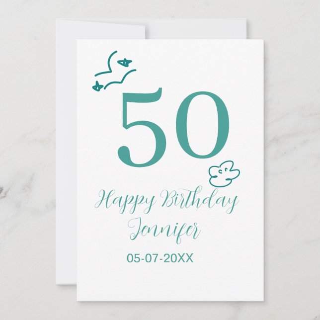 Invitation 50e anniversaire turquoise nom nuages dessinés à l (Devant)
